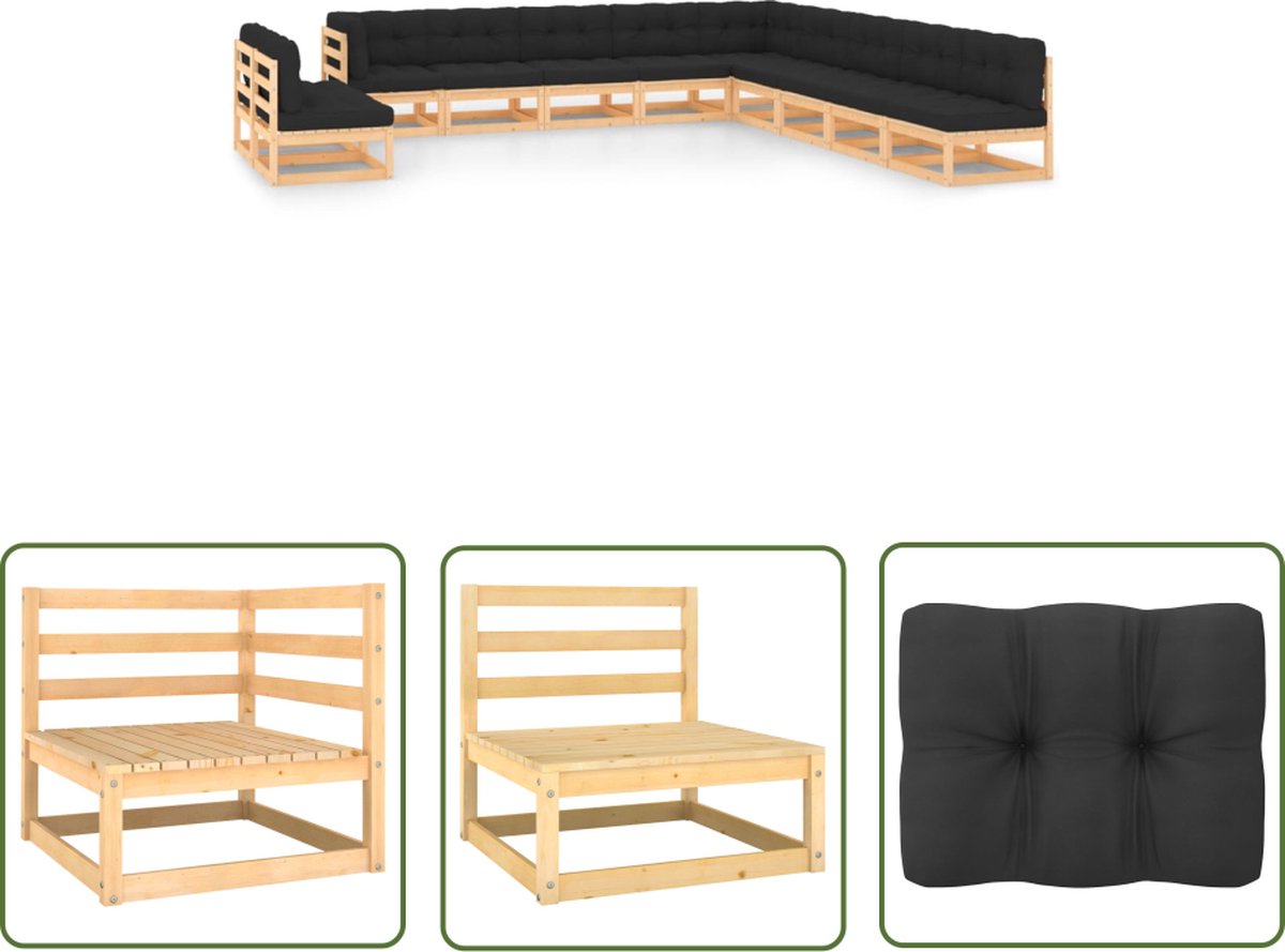 The Living Store 11-delige Loungeset met antracietkleurige kussens grenenhout - Loungestoel - Lounge Set - Tuinset - Buitendecor - Houttuinmeubilair