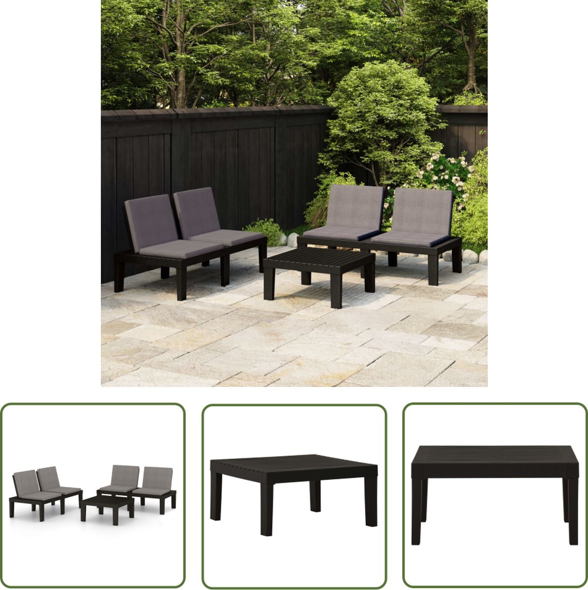 The Living Store 3-delige Loungeset met kussens kunststof grijs - Loungeset - Tuinset - Loungestoel - Buitendecoratie - Tuinbank