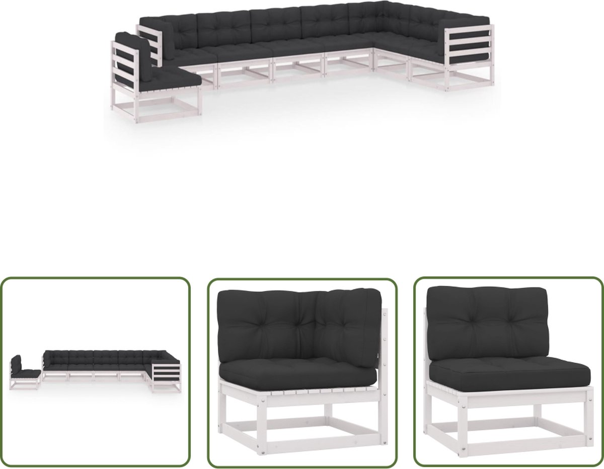 The Living Store 8-delige Loungeset met kussens massief grenenhout wit - Tuinstoel - Lounge Set - Houten Tuinmeubels - Buitendecor - Veranda