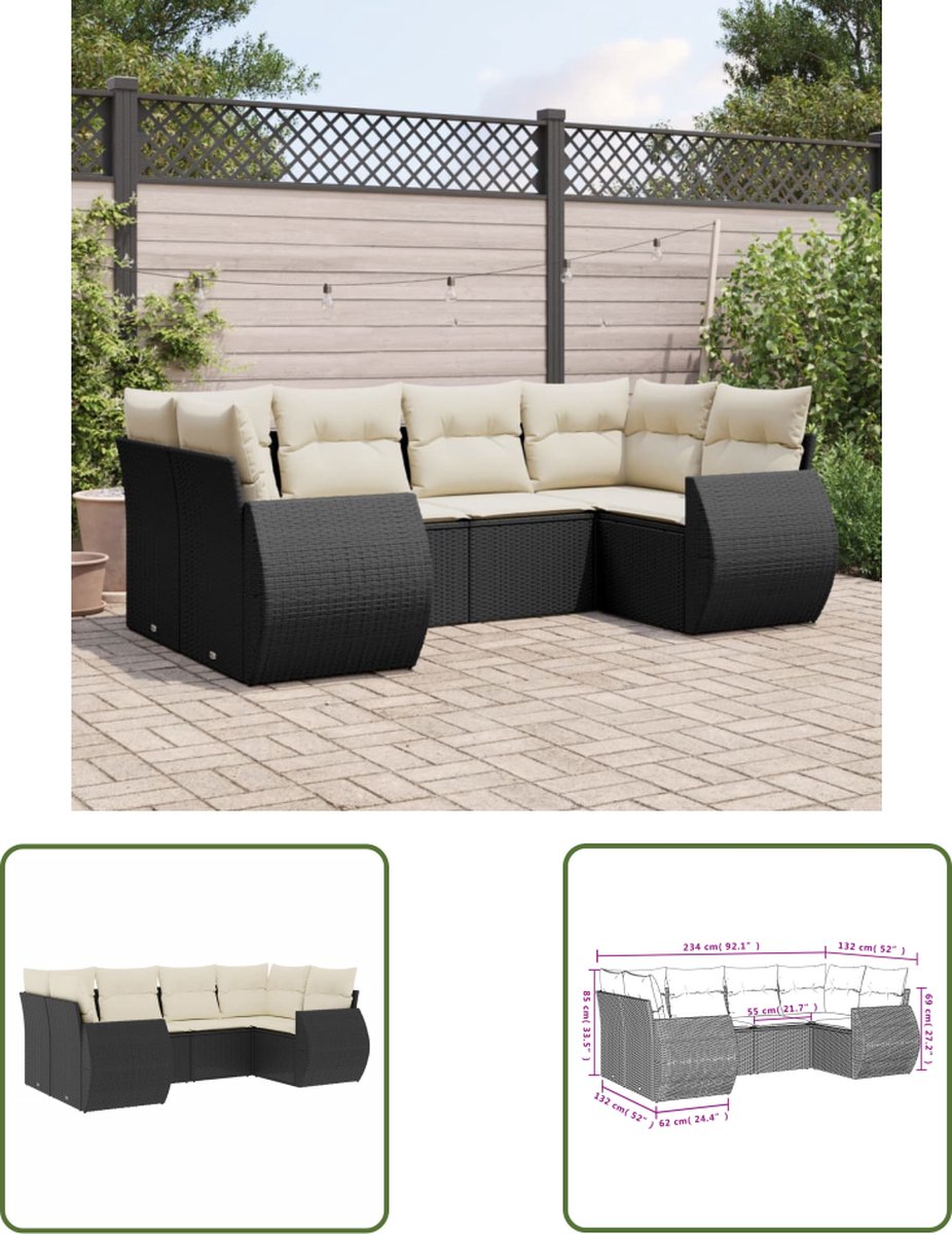 Zwarte poly rattan loungeset met kussens voor tuin - The Living Store.