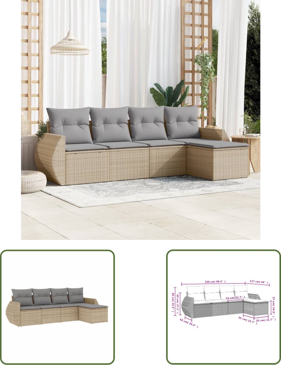 The Living Store Loungeset poly rattan beige met kussens - Tuinmeubels