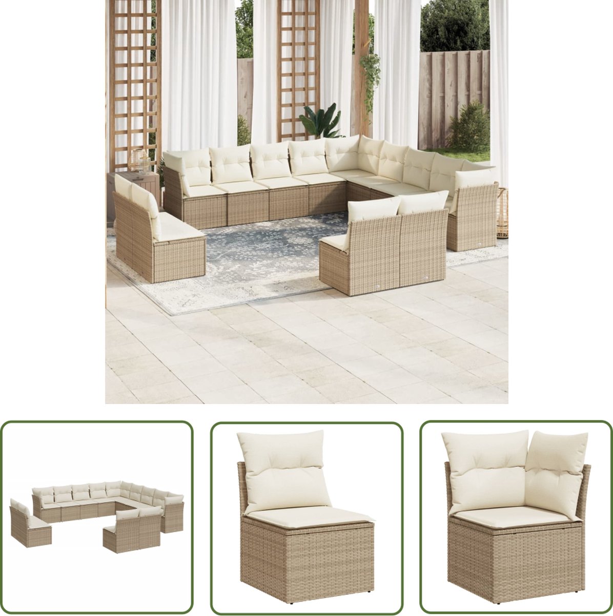 The Living Store 13-delige Loungeset met kussens poly rattan beige - Loungeset - Tuinset - Lounge Bank - Buitentijnen - Garden Furniture The Living Store 13-delige Loungeset met kussens poly rattan beige - Loungeset - Tuinset - Lounge Bank - Buitentijnen - Garden Furniture - Afbeelding 1