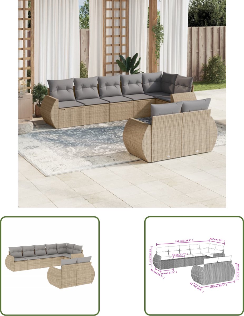 The Living Store 8-delige Loungeset met kussens poly rattan beige - Loungeset - Tuinset - Buitendiner Set - Loungehoek - PE Rattan