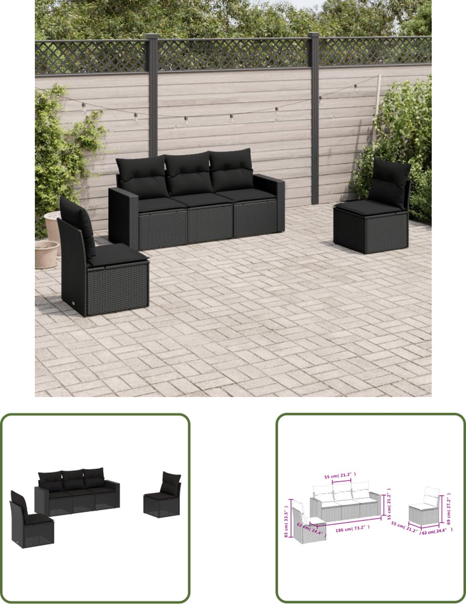 The Living Store 5-delige Loungeset met kussens poly rattan zwart - Loungebank - Lounge Set - Tuinset - Buitendecoratie - Garden Furniture Zwarte poly rattan loungeset met kussens voor tuin- en buiteninrichting.