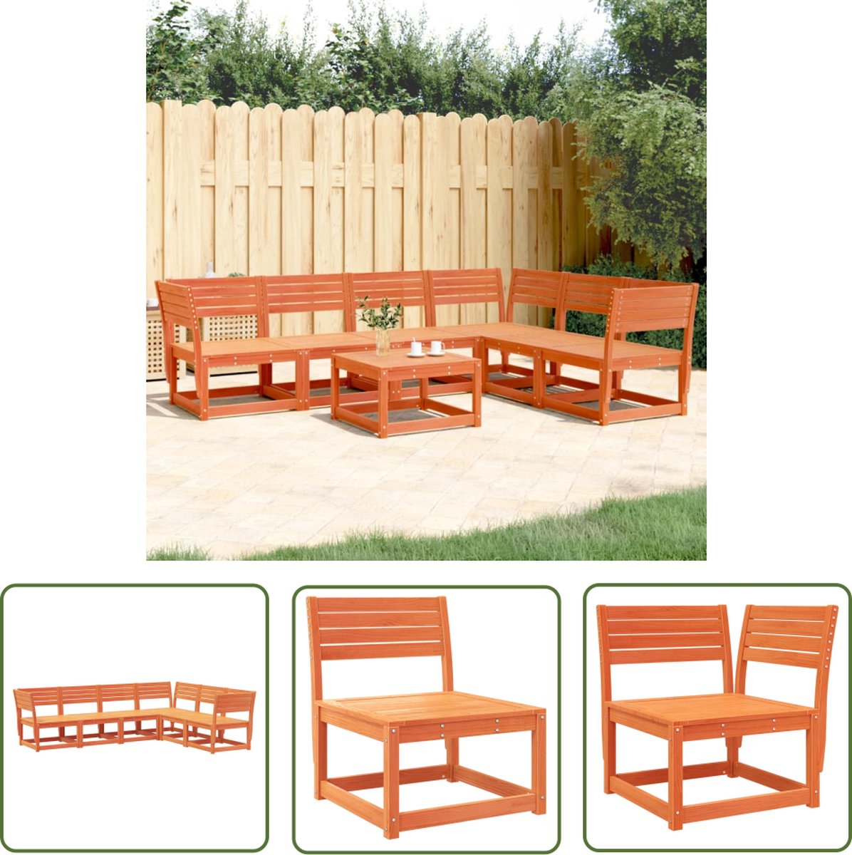 Loungeset van massief grenenhout in wasbruine kleur met 6 delen.