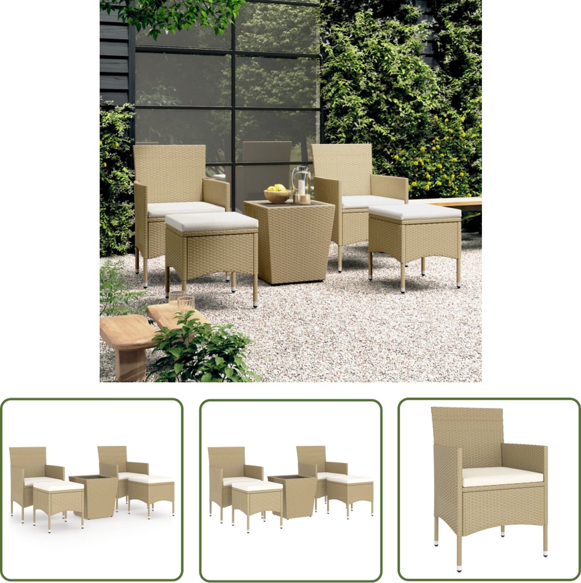 The Living Store 5-delige Bistroset poly rattan en gehard glas beige - Tuinstoel - Bistroset - Lounge Set - Buitentijd - Outdoor Furniture