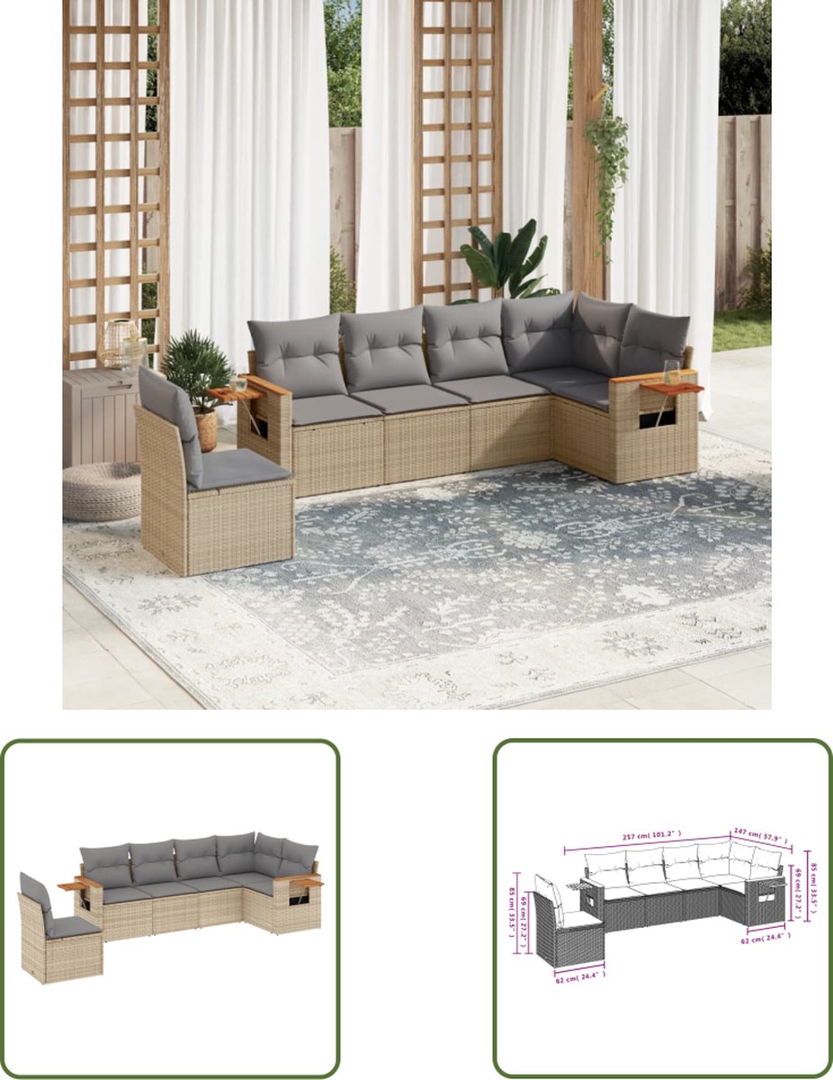 The Living Store 6-delige Loungeset met kussens poly rattan beige - Loungeset - Tuinset - Buitendecoratie - Lounge Set - PE-rattan