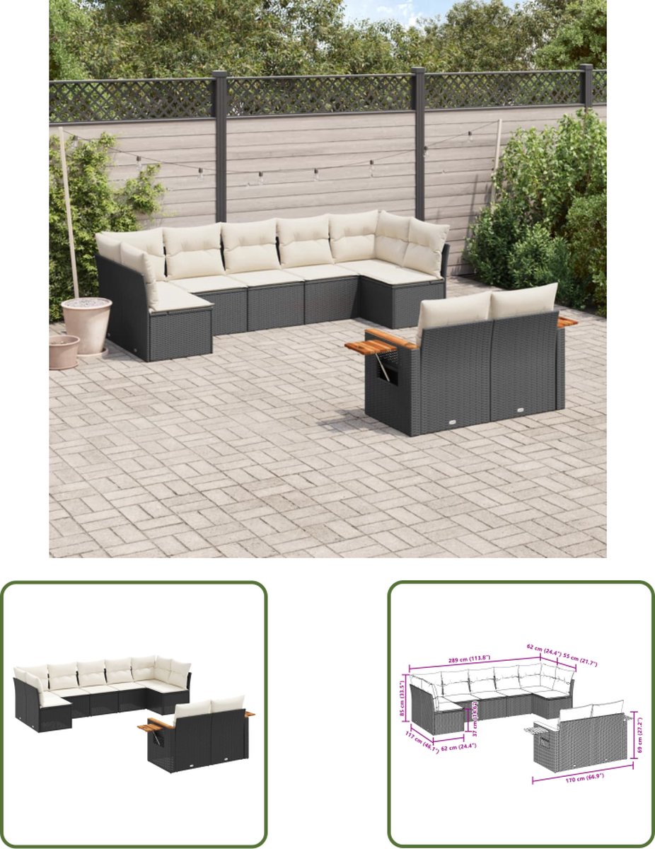 The Living Store 9-delige Loungeset met kussens poly rattan zwart - Loungebank - Tuinset - Lounge Set - Poly Rattan - Zwarte Loungebank