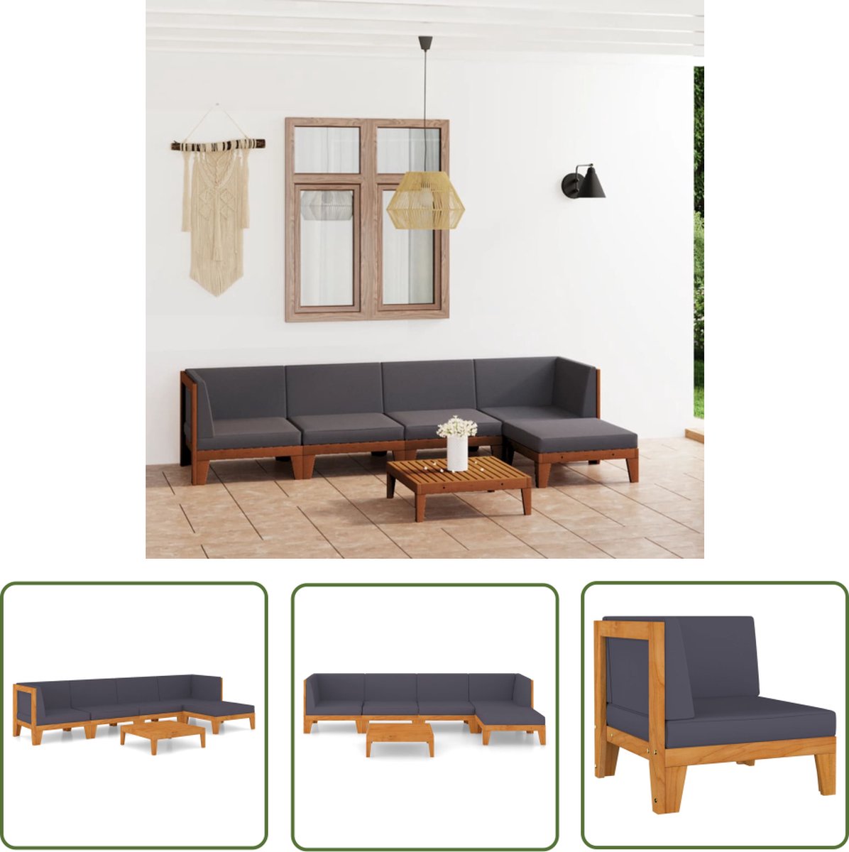The Living Store 6-delige Loungeset met kussens massief acaciahout - Tuinstoel - Lounge Set - Acacia Hout - Buitendecoratie - Outdoor Furniture