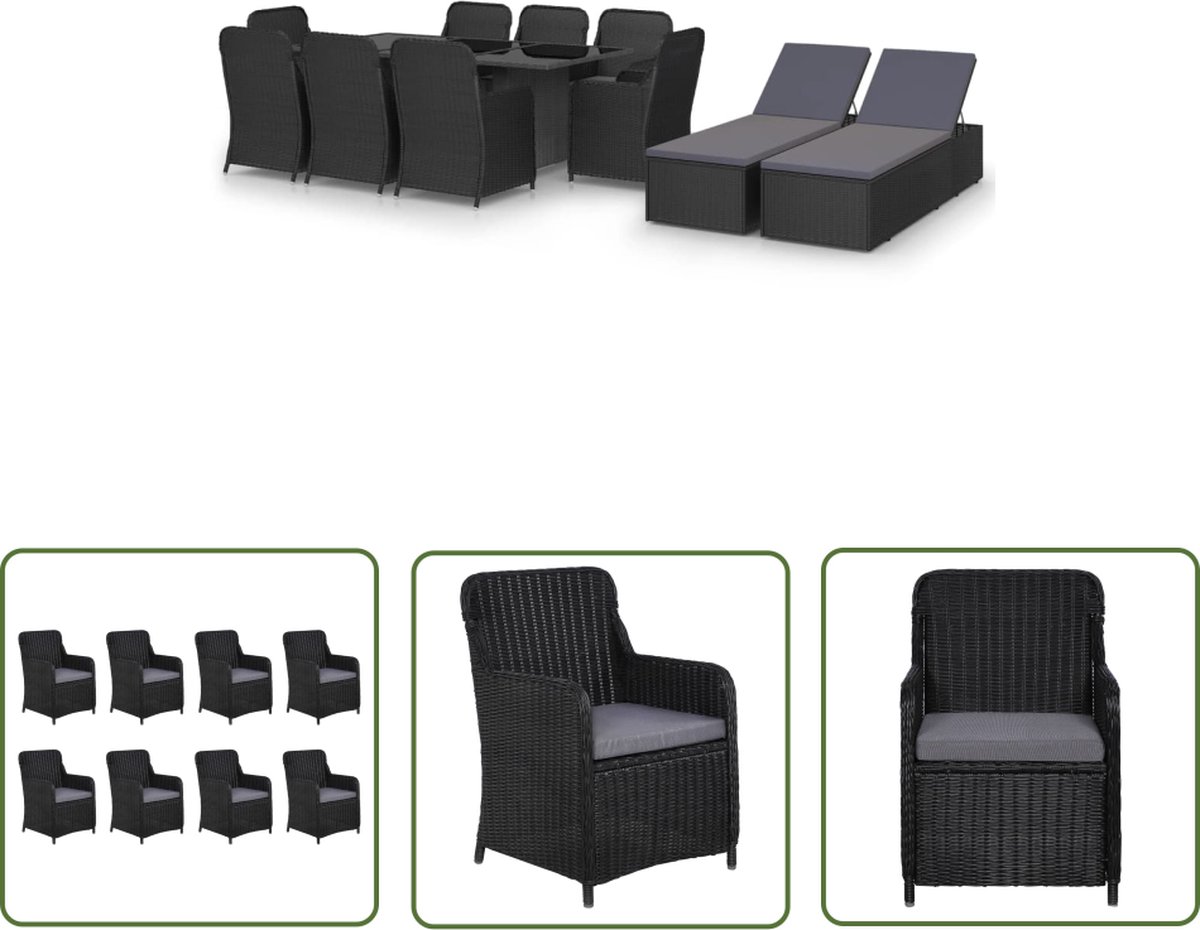 11-delige zwarte poly rattan tuinset met bistro en lounge set.