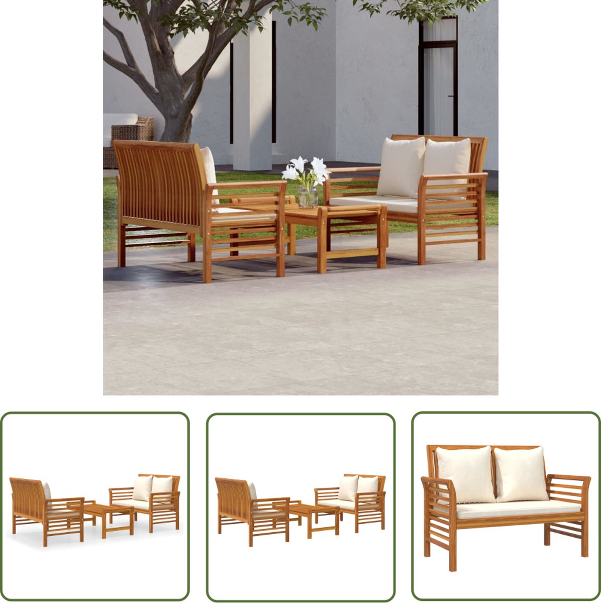The Living Store 3-delige Loungeset met kussens massief acaciahout - Tuinset - Lounge Set - Acacia Hout - Outdoor Furniture - Tuinmeubel