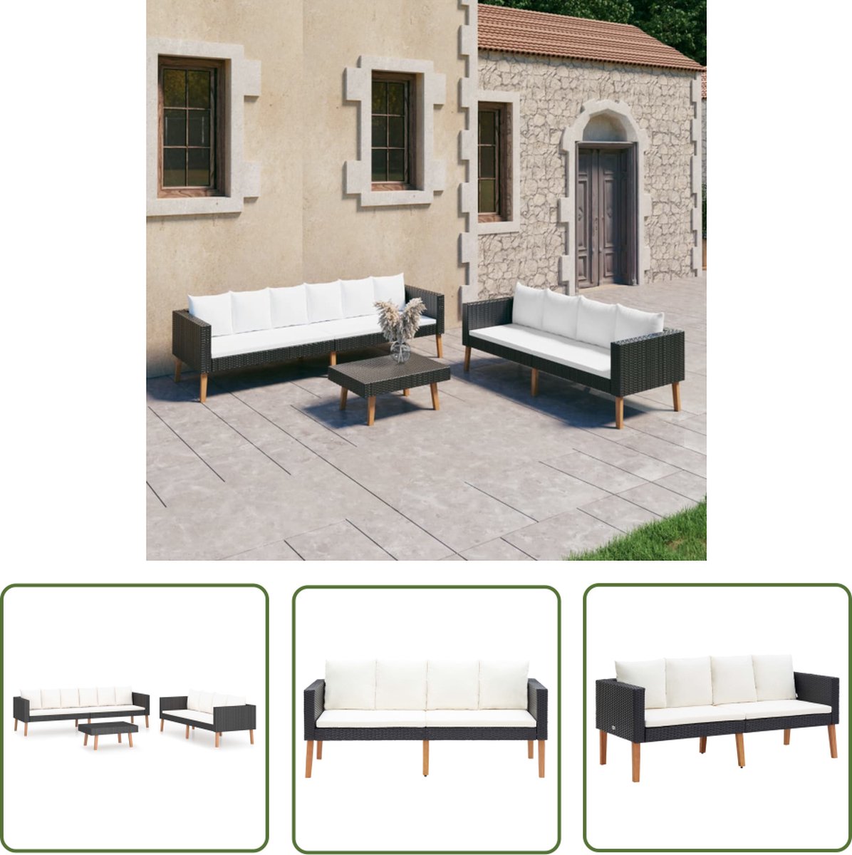 Zwarte poly rattan loungeset met kussens voor tuin en terras.