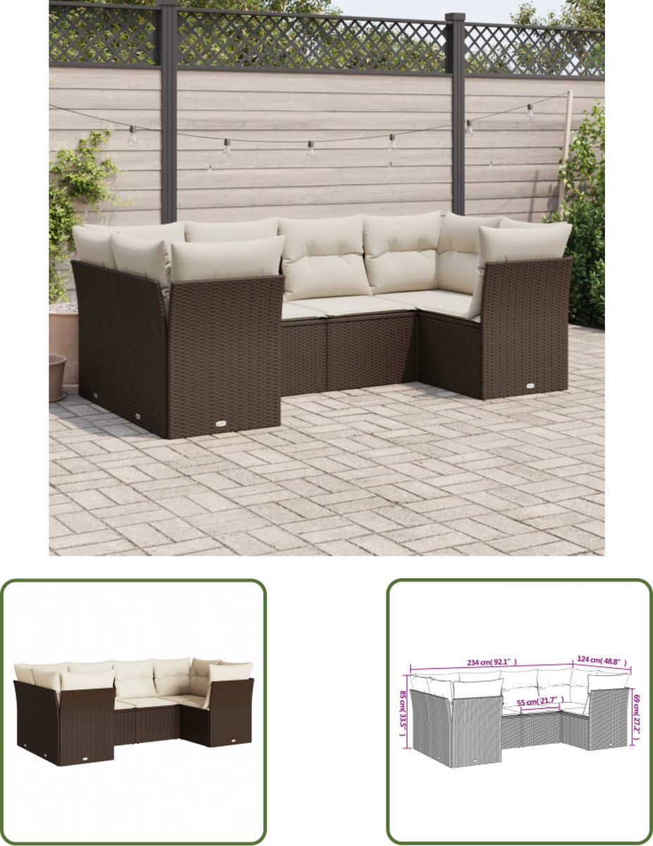 The Living Store 6-delige Loungeset met kussens poly rattan bruin - Loungebank - Tuinset - Lounge Set - Outdoor Furniture - Garden Furniture