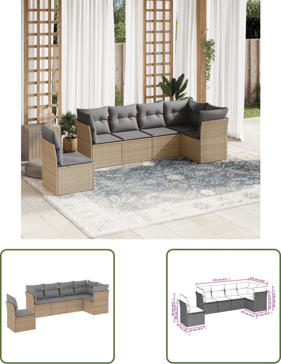 The Living Store 6-delige Loungeset met kussens poly rattan beige