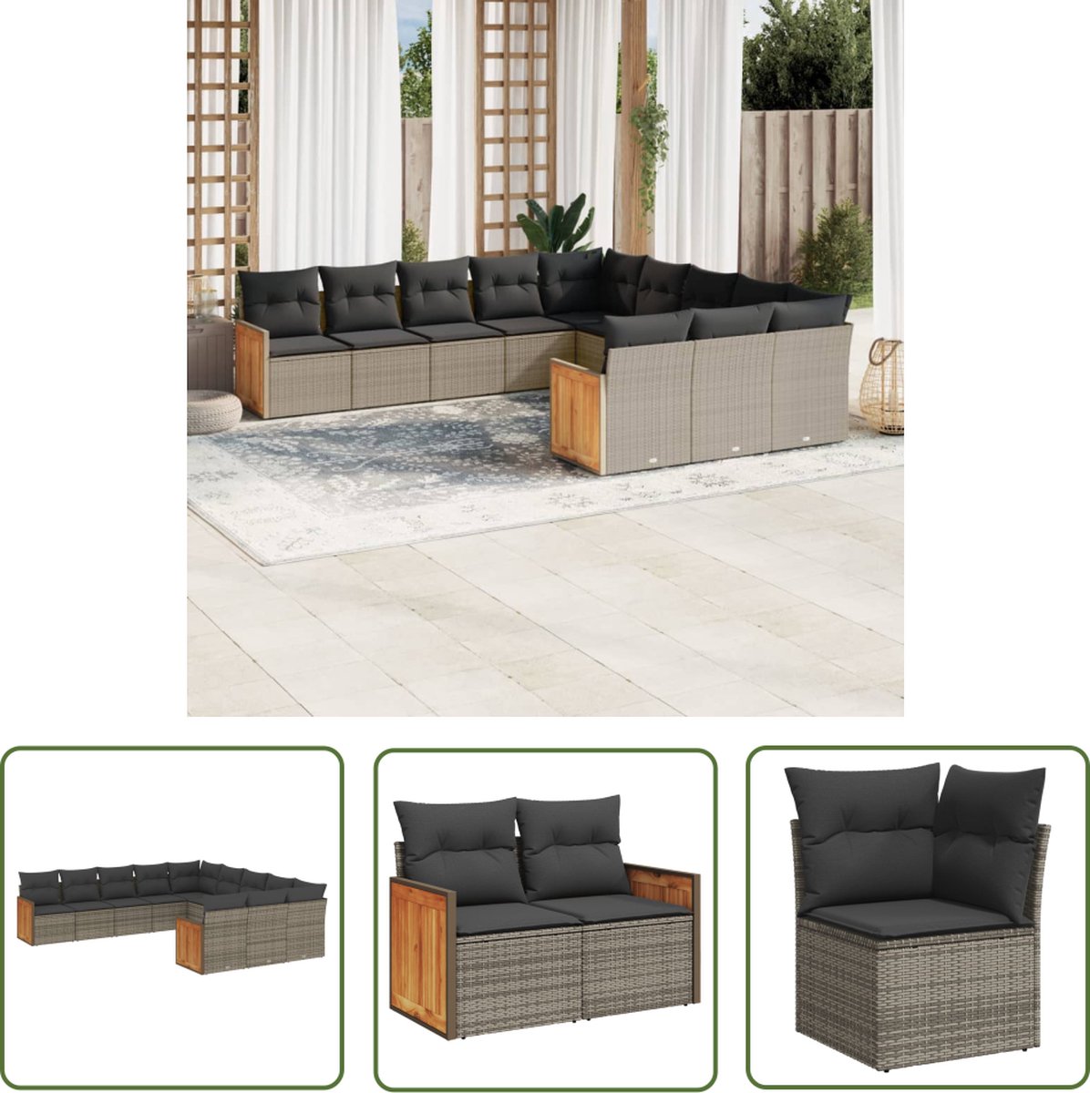 Grijze poly rattan loungeset met kussens voor buiten - The Living Store.