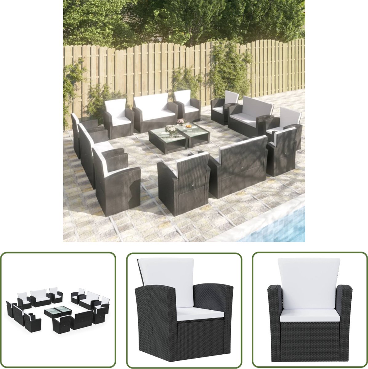 The Living Store 16-delige Loungeset met kussens poly rattan zwart - Loungeset - Tuinset - Buitenkamer - Patio - Terrassenset