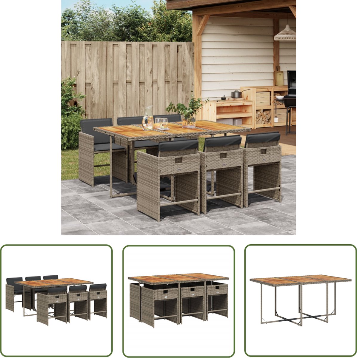 The Living Store 7-delige Tuinset met kussens poly rattan grijs - Tuinmeubels - Eetkamerset - Outdoor Furniture - Patio Set - Lounge Set