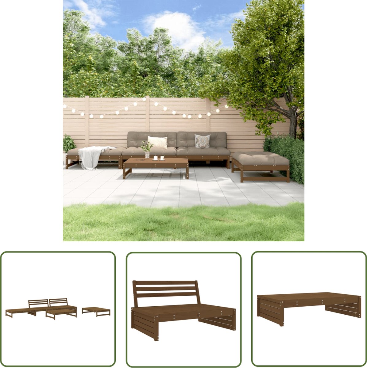 Massief grenenhouten loungeset in honingbruine kleur - The Living Store.