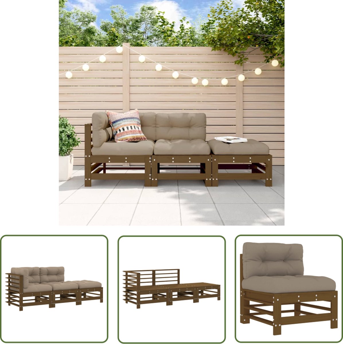The Living Store 3-delige Loungeset met kussens massief hout honingbruin - Loungeset - Tuinlounge - Buiten Lounge - Hout Loungebank - Tuinmeubels