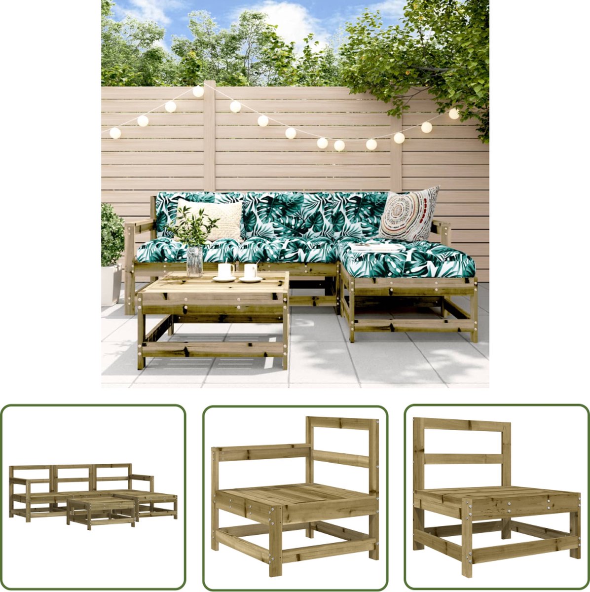 The Living Store 5-delige Loungeset geïmpregneerd grenenhout - Loungeset - Tuinset - Buitenmeubel - Hout Meubel - Grenenhout