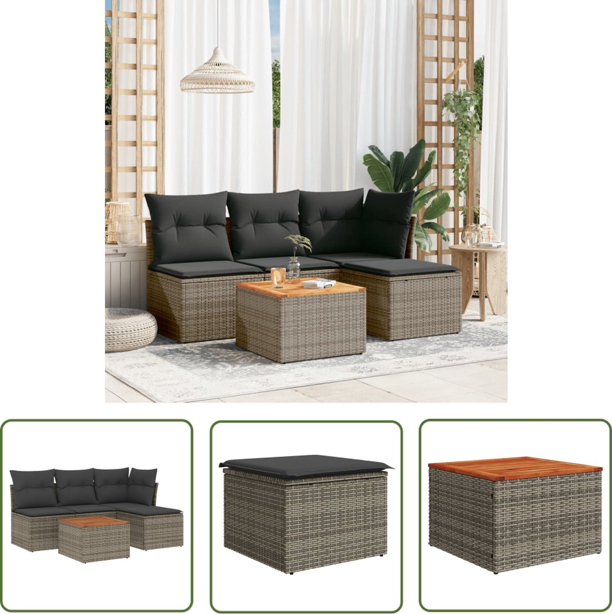 The Living Store 5-delige Loungeset met kussens poly rattan grijs - Loungeset - Lounge Set - Tuinlounge - Buitendiner - Outdoor Furniture