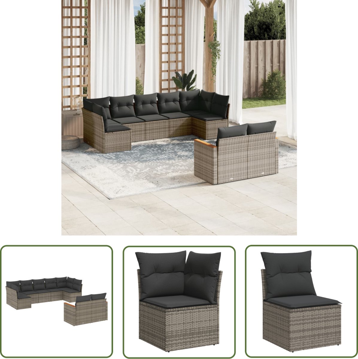 Grijze poly rattan loungeset met kussens voor tuin en terras.