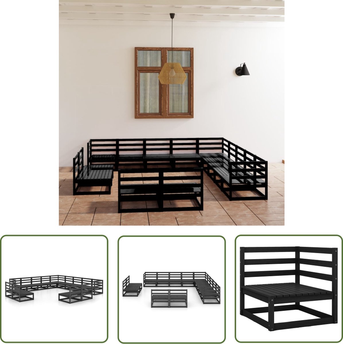 Massief zwart grenenhouten loungeset met tuinstoel en bank - Patio meubilair.