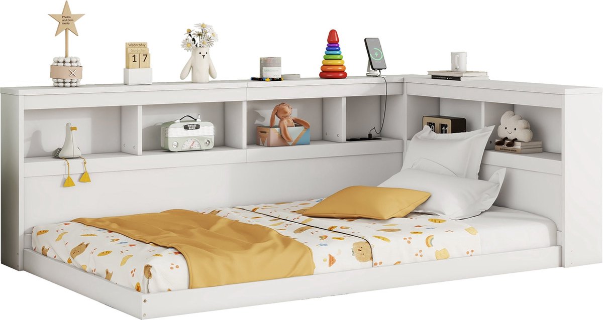 Merax Daybed – 90x200 cm - Slaapbank met Lattenbodem - Inclusief Stopcontact en 2 USB-poorten - Wit - Zonder Matras