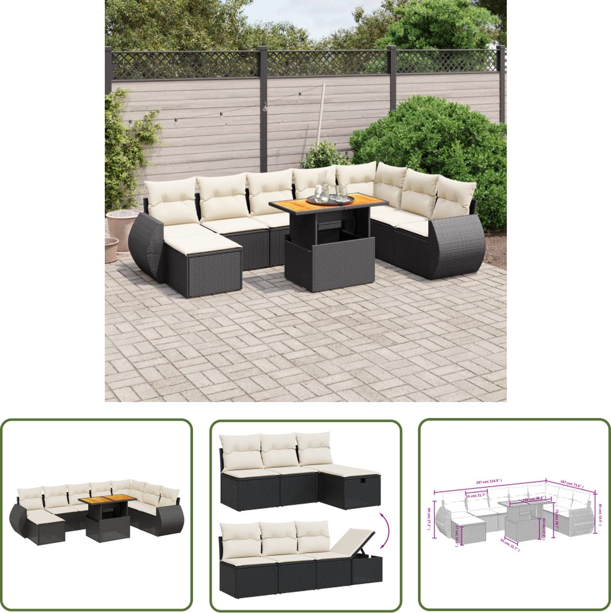 Zwart poly rattan loungeset met kussens voor buiten - The Living Store.
