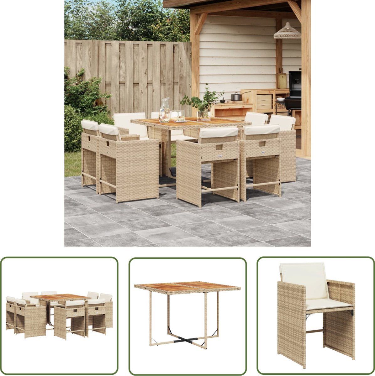 The Living Store 9-delige Tuinset met kussens poly rattan beige - Tuinset - Tuintafel - Tuinstoelen - Pe Rattan - Beige