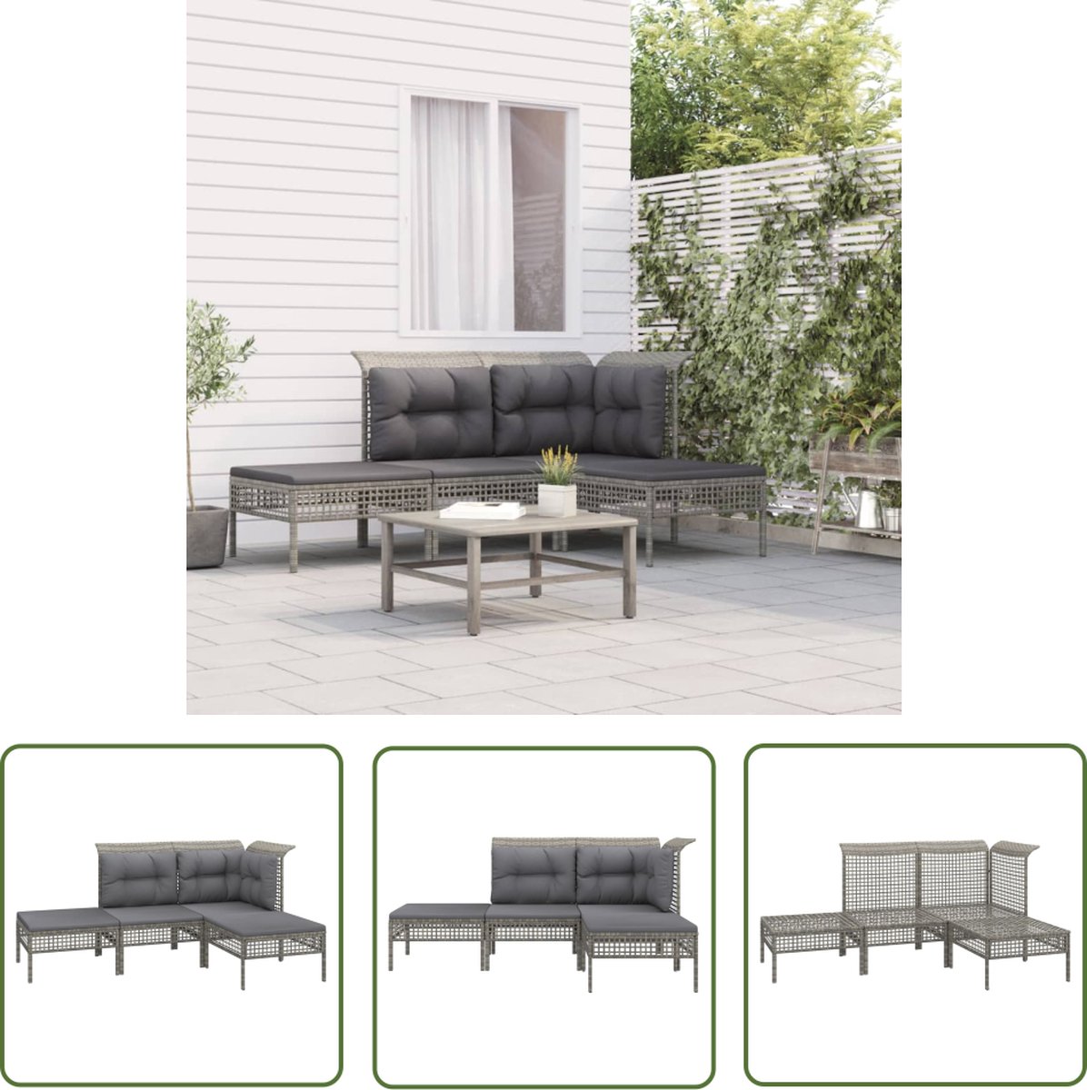 Grijze poly rattan loungeset met kussens voor tuin en terras.