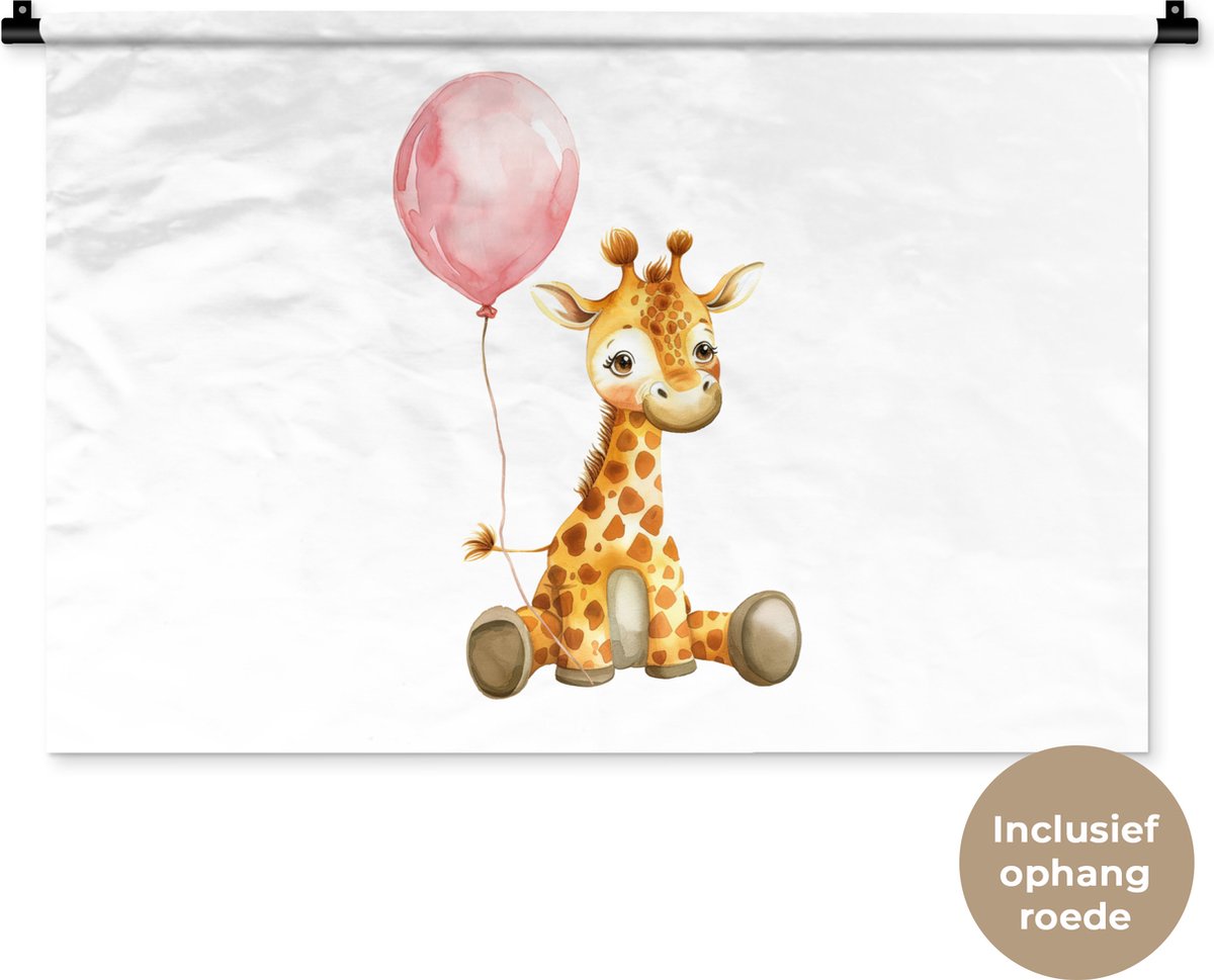 Wandkleed 90x60 cm - Wanddoek Giraf - Baby - Dieren - Roze ballon - Wandtapijt - Wandkleden
