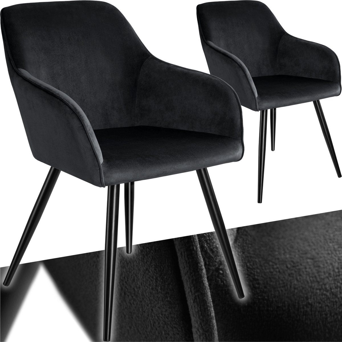 Tectake Eetkamerstoel Marilyn - Set van 2 - Met Armleuningen - Elegante Stoel met Gevoerde Zitting in Fluweellook - Gestoffeerd - Zwarte metalen poten - Ergonomische Keukenstoel - Stoel voor Woonkamer, Eetkamer en Slaapkamer - Zwart