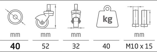 AMIG 4 transportwielen meubelwielen zwenkwielen - Ø40mm - 80-120KG Draagvermogen – Schroefdraad M10 x 15mm – Hoogte 52mm