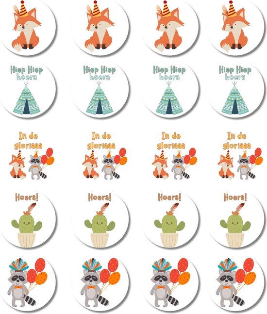 Stickervel Verjaardag Kinderen | Cadeaustickers 20 stuks | Vos Indianen Cactus Wasbeer | Inpakken | 4 cm