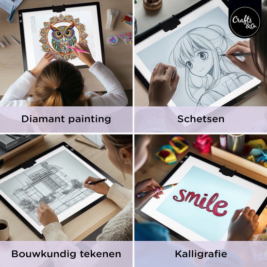 Quatre images montrant une tablette lumineuse utilisée pour la peinture diamant, le croquis, le dessin architectural et la calligraphie.