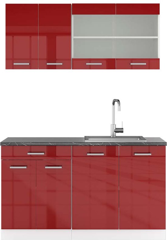 Vicco - Keuken R-line 140 Cm - Hoogglans Wit - Werkblad Wit Marmer
