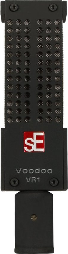 Zwarte sE Electronics Voodoo VR1 microfoon met perforatie rooster en SE logo.