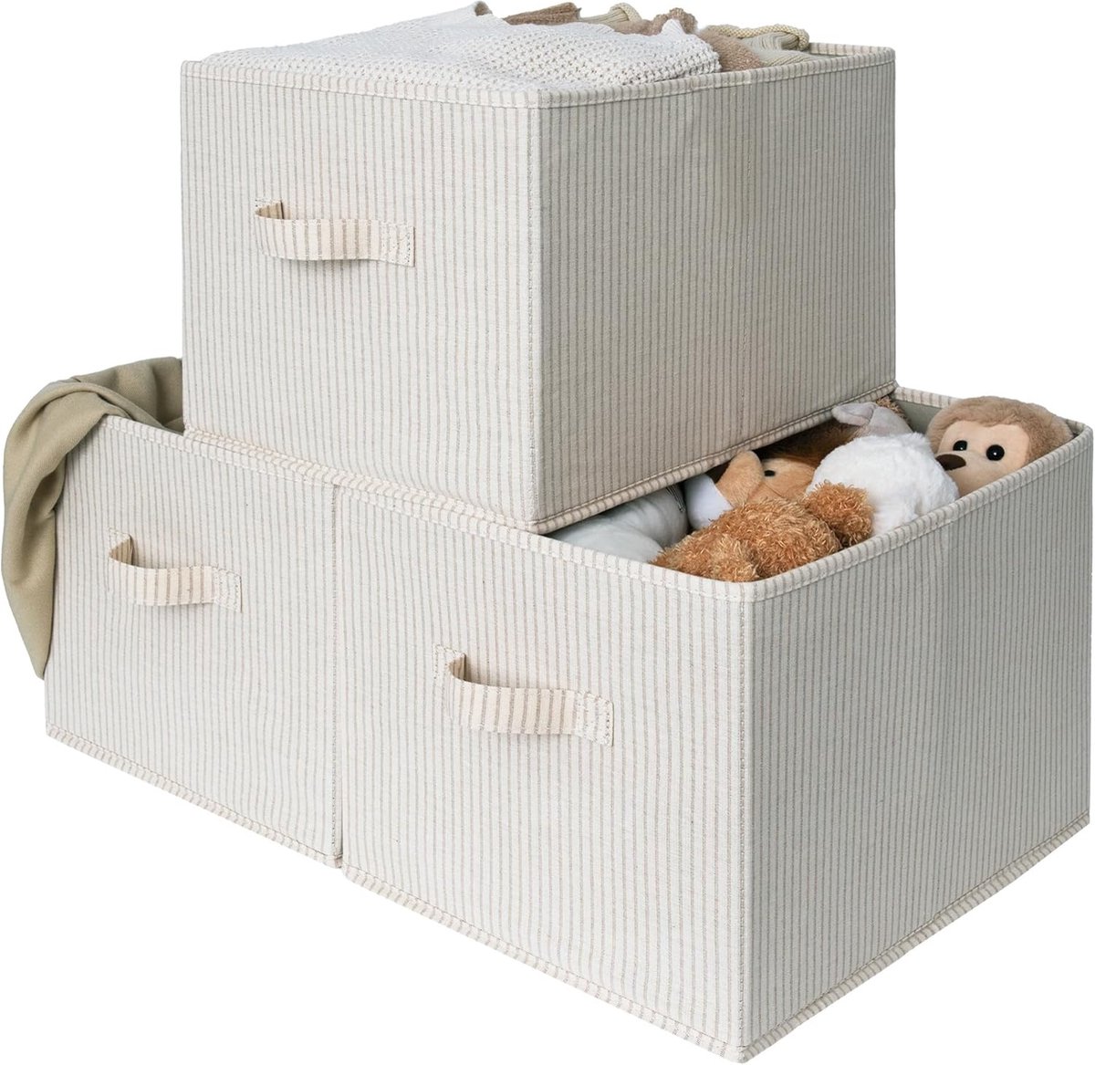 Goodivery ® Ruime Opbergmanden Set met Handgrepen voor Kasten en Planken, Opvouwbaar, 3 Stuks, Beige Gestreept