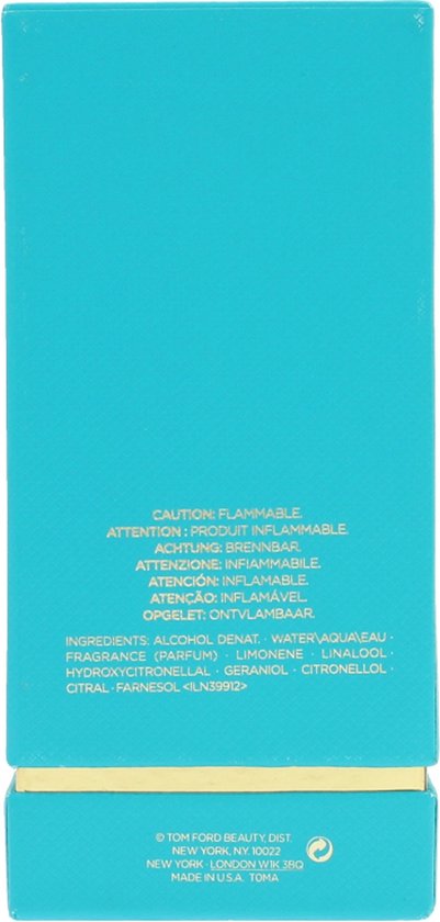 Ingrediëntenlijst op de onderkant van een turquoise doos van Tom Ford.
