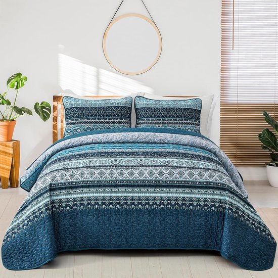 Euromat Sprei, doorgestikt, bedsprei, gewatteerde sprei met 2 kussenslopen 40 x 40 cm - (beige, fluweel amarant, 180 x 220 cm