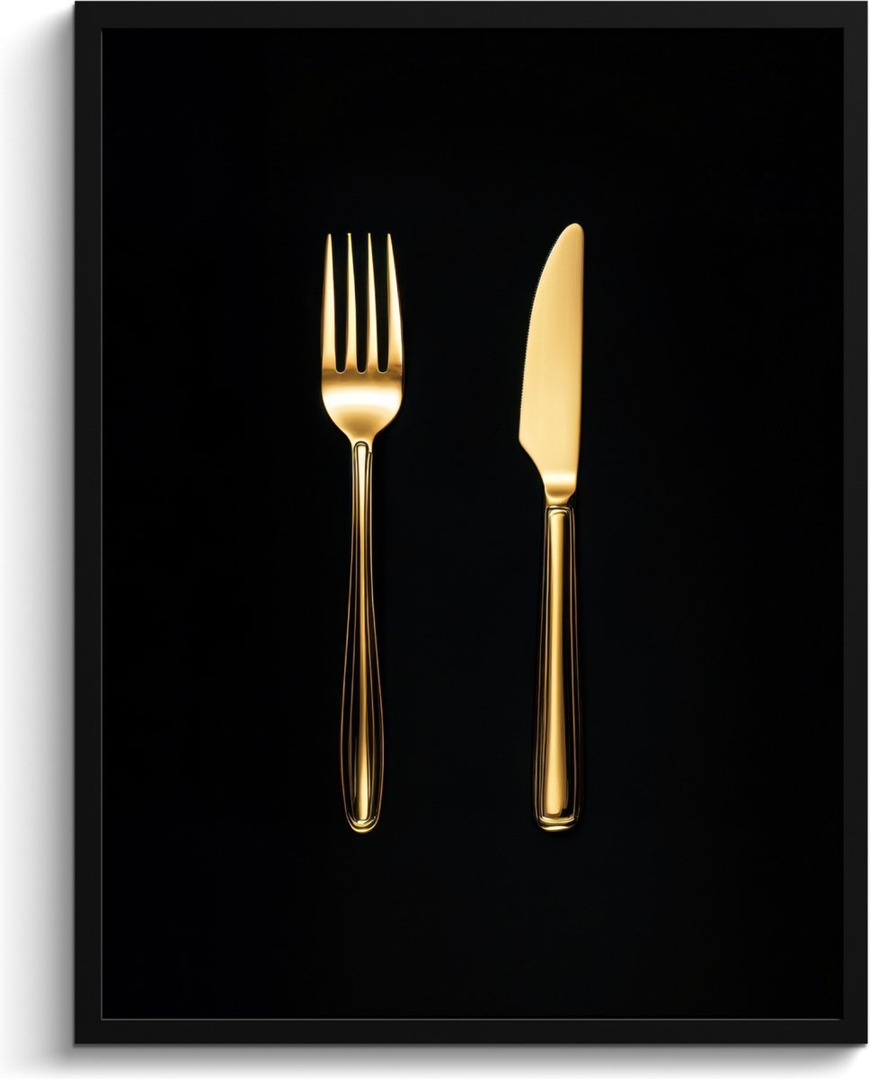 FrameYourWall Fotolijst inclusief poster - Posterlijst 60x80 cm - Posters - Bestek - Goud - Mes - Vork - Foto in lijst - Keuken decoratie muur - Wanddecoratie accessoires - Muurdecoratie - Schilderijen