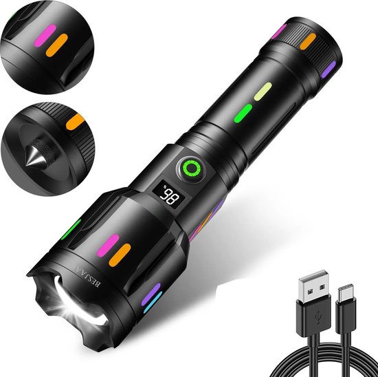 Besjaar® Zaklamp LED Oplaadbaar - Zaklamp - 5200mAh Batterij - 9000 Lumen - USB-C Oplaadbaar - Militaire Zaklamp - Zaklamp Militaire - IP65 Waterdicht - Noodpakket