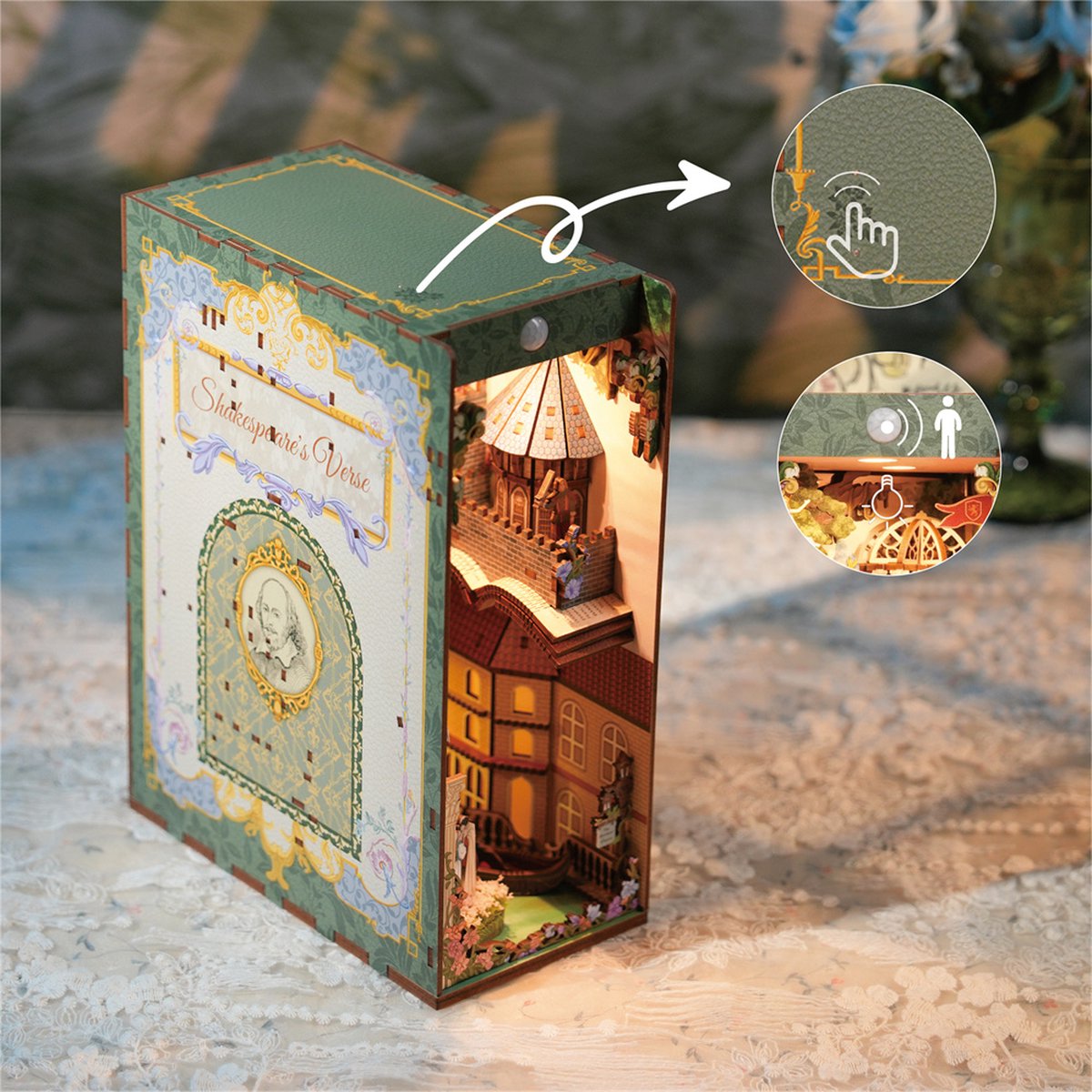 Tonecheer Shakespaer's Verse Book Nook Bouwpakket - Modelbouw - 18 x 9,8 x 24,5 cm - DIY Pakket - Houten 3D Puzzel - Boekensteun - LED-licht - Bewegingssensor Licht - Boekenhouder - Inclusief Dust-Cover — afbeelding 7