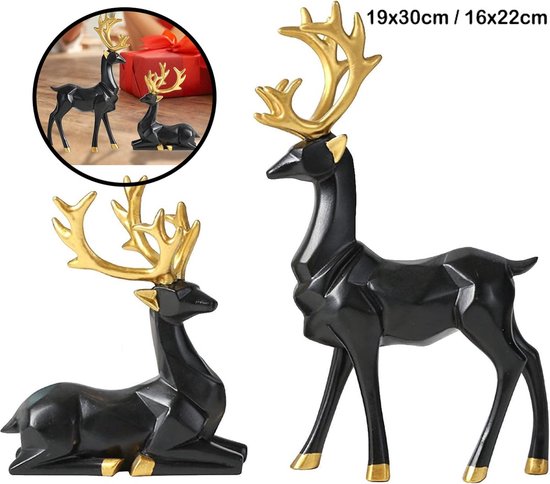 Grote Nordic Kerst Rendier beeldjes - Herten - woonkamerdecoratie - goud - decoratie - gouden decoratie - Set - Zwart/Goud