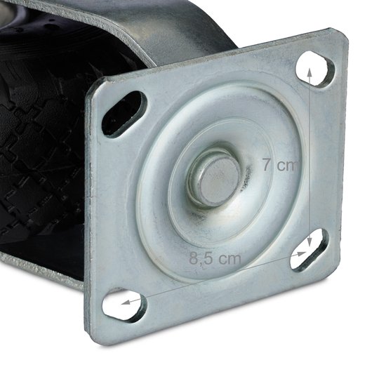 Zilverkleurige metalen montageplaat van een zwenkwiel met afmetingen 7 cm bij 8,5 cm.