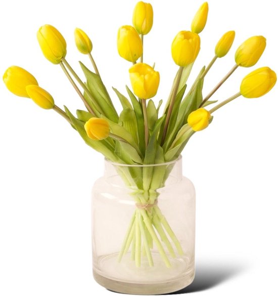 WinQ - Kunsttulpen In Geel -15 tulpen-kunstbloemen- incl. Vaas