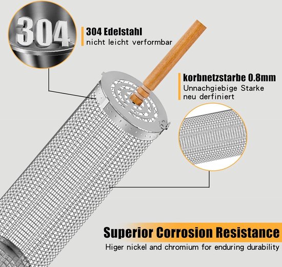 Holzsammlung BBQ Grillmand, Roestvrijstalen Visgrillmand met Houten Handvat, Barbecue Grill Gereedschap, Draagbaar Outdoor Camping BBQ Rek voor Garnalen, Giefstuk, Groenten, (28 x 28 x 2 CM
