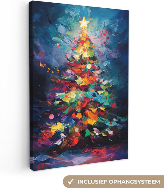 Canvas schilderij 90x140 cm - Wanddecoratie Kerstboom - Kerst - Abstract - Kleurrijk - Muurdecoratie woonkamer - Slaapkamer decoratie - Kamer accessoires - Schilderijen op canvas - Kerstdecoratie voor binnen - Kerstversiering - Kerstmis versiering