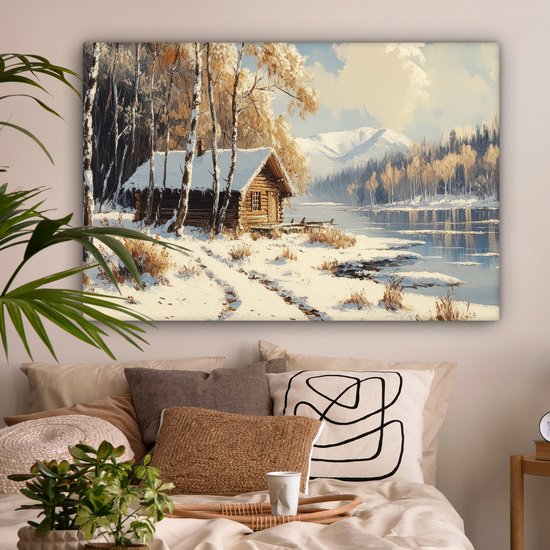 Peinture sur toile 150x100 cm - Décoration murale Hiver - Neige - Maison - Nature - Décoration murale murale salon - Décoration chambre - Accessoires de chambre - Peintures sur toile
